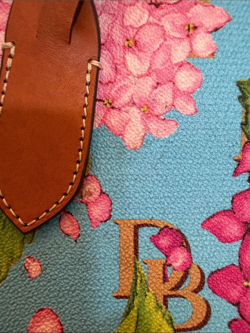 Dooney & Bourke Hydrangea Celeste satchel w/vachetta leather handles & strap EUC